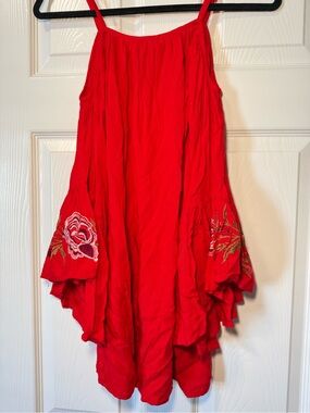 Red Embroidered Flowing Tank Dress